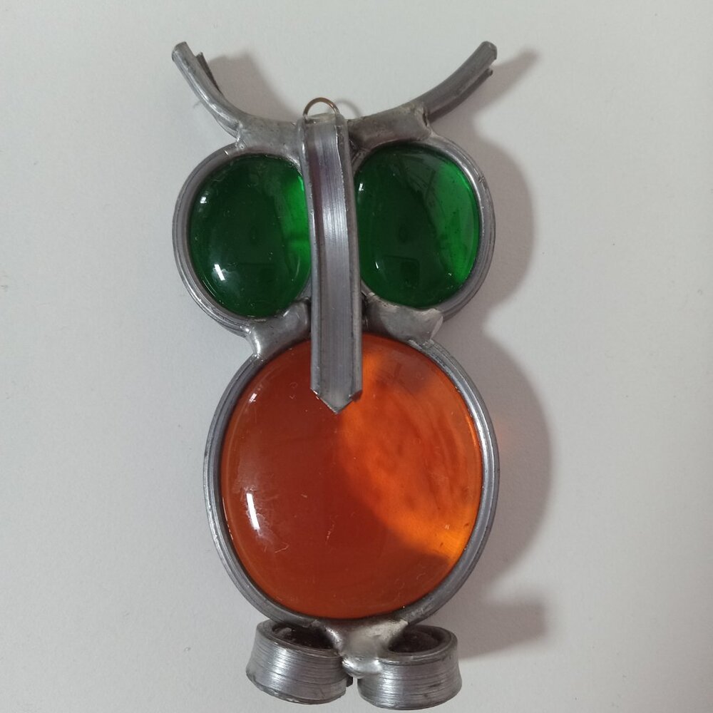 1970's/1980s Stained Glass Owl Sun Catcher Small 3" Necklace Orange Green Vtg  G